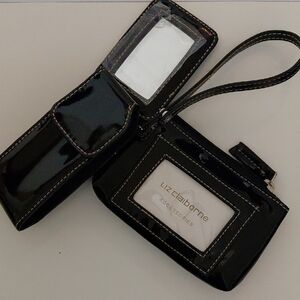 Liz Claiborne Glossy Black Change Purse ,Phone Holster, And Mirror Set.